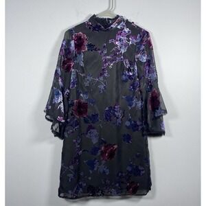 Tahari Women's Sz 2 Velvet Burnout Black Purple Floral‎ Dress Witchy Goth Fairy